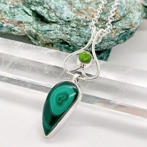 MALACHITE & Copper Green Turquoise Sterling Silver Hinged Gemstone Necklace